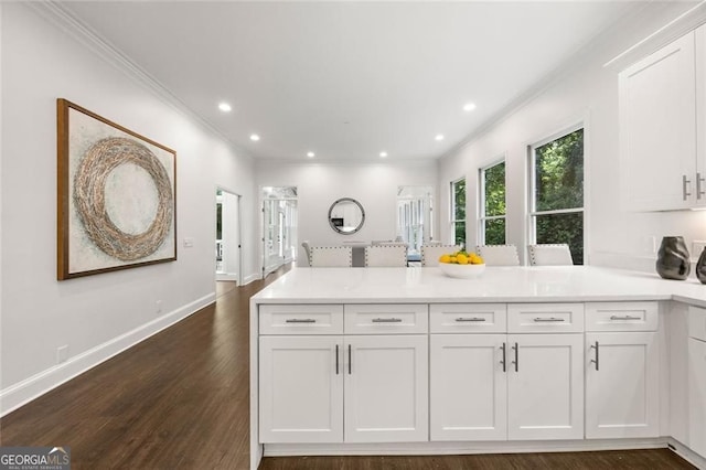 1260 Heards Ferry Rd, Sandy Springs, GA 30328 - kitchen featuring crown molding, a peninsula, white cabinets, light countertops, and dark wood-style flooring