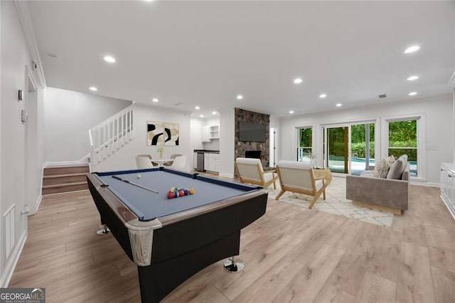 1260 Heards Ferry Rd, Sandy Springs, GA 30328 - recreation room featuring light wood finished floors, pool table, a fireplace, recessed lighting, and baseboards