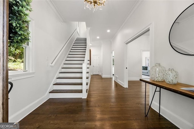 1260 Heards Ferry Rd, Sandy Springs, GA 30328 - entrance foyer featuring stairs, dark wood-style floors, ornamental molding, recessed lighting, and a chandelier