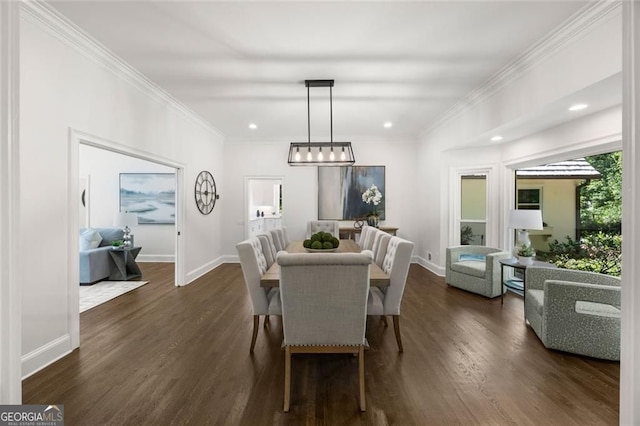 1260 Heards Ferry Rd, Sandy Springs, GA 30328 - dining space featuring dark wood-style floors, baseboards, recessed lighting, ornamental molding, and a chandelier