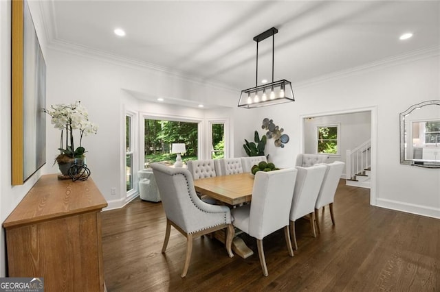 1260 Heards Ferry Rd, Sandy Springs, GA 30328 - dining room featuring dark wood-style floors, ornamental molding, stairs, recessed lighting, and baseboards