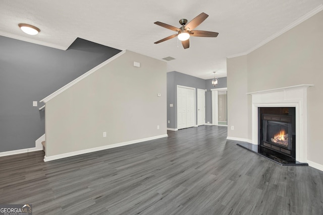 556 Poplar Bnd, Canton, GA 30114 - unfurnished living room featuring a ceiling fan, dark wood finished floors, stairs, baseboards, and a warm lit fireplace