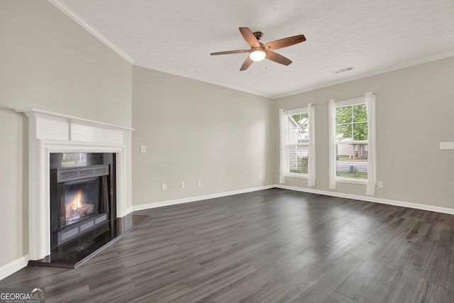 556 Poplar Bnd, Canton, GA 30114 - unfurnished living room featuring ceiling fan, dark wood-style floors, a glass covered fireplace, baseboards, and ornamental molding