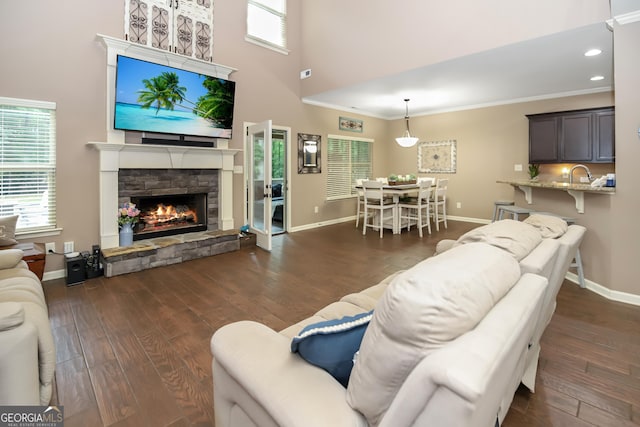 121 Hidden Springs Dr, Lagrange, GA 30240 - living area with dark wood-style floors, ornamental molding, a stone fireplace, baseboards, and a high ceiling