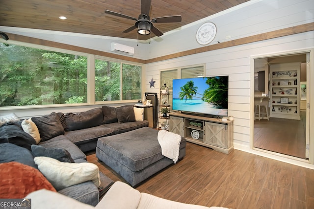 121 Hidden Springs Dr, Lagrange, GA 30240 - living room featuring wood ceiling, a wall mounted AC, wood finished floors, wood walls, and ceiling fan