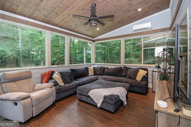 121 Hidden Springs Dr, Lagrange, GA 30240 - sunroom / solarium with wood ceiling, a wall mounted AC, lofted ceiling, crown molding, and healthy amount of natural light