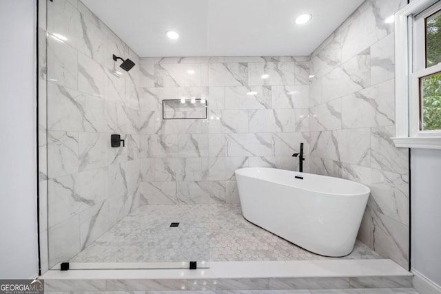3078 Milford Chase SW, Marietta, GA 30008 - bathroom with a tile shower, a freestanding bath, recessed lighting, and marble finish floors
