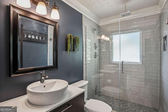 bathroom with ornamental molding, toilet, a stall shower, and vanity
