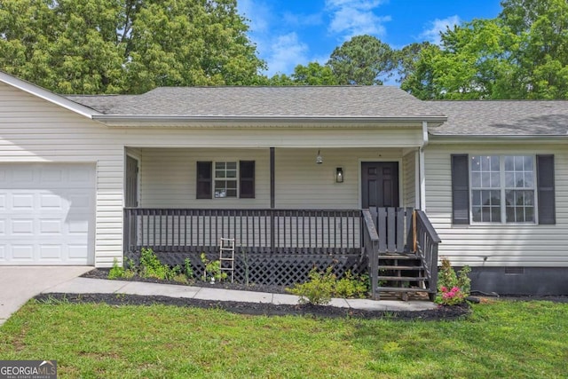ranch-style house with a garage, a porch, a shingled roof, a front yard, and crawl space