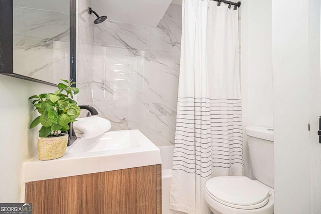 full bathroom with toilet, vanity, shower / bath combination with curtain, and tile walls