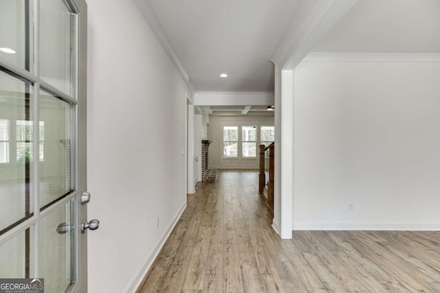 1241 Riverhill Dr, Bishop, GA 30621 - hall featuring light wood finished floors, baseboards, recessed lighting, and crown molding