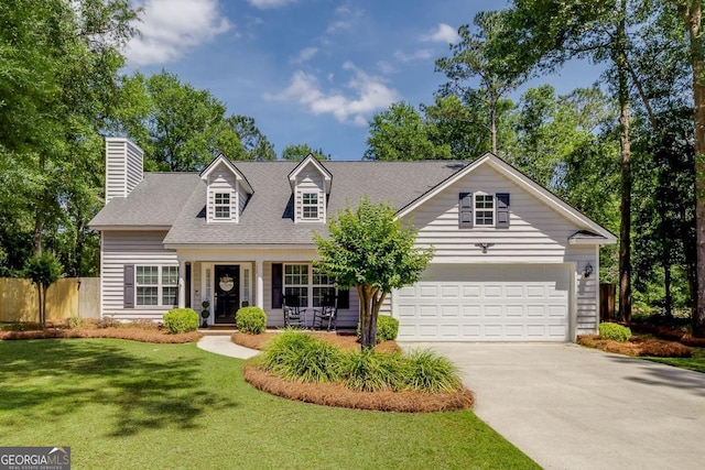 115 Ridgecrest Dr, Rincon, GA 31326 - cape cod house featuring concrete driveway, a chimney, roof with shingles, and a porch