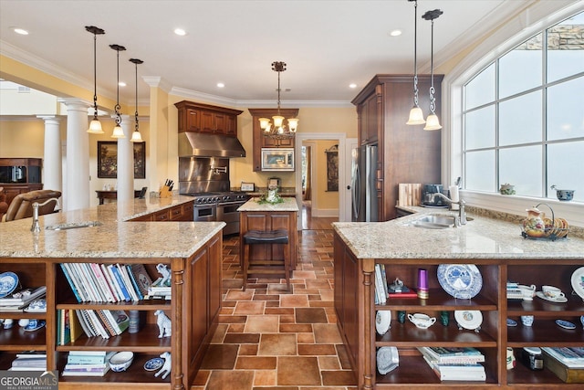 19410 Ga Highway 169, Claxton, GA 30417 - kitchen featuring open shelves, stainless steel appliances, a sink, under cabinet range hood, and crown molding