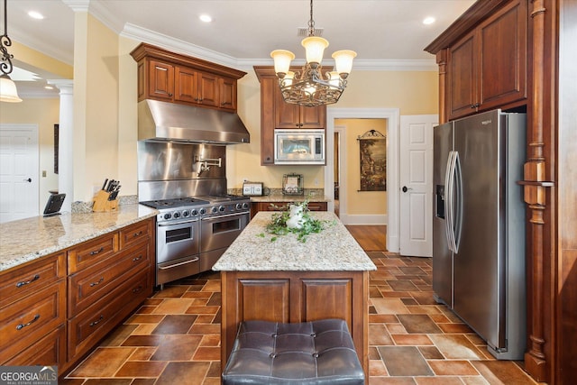 19410 Ga Highway 169, Claxton, GA 30417 - kitchen with stainless steel appliances, under cabinet range hood, crown molding, light stone counters, and a center island