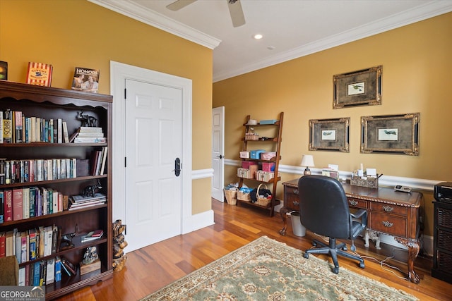 19410 Ga Highway 169, Claxton, GA 30417 - home office with ornamental molding, wood finished floors, a ceiling fan, and recessed lighting