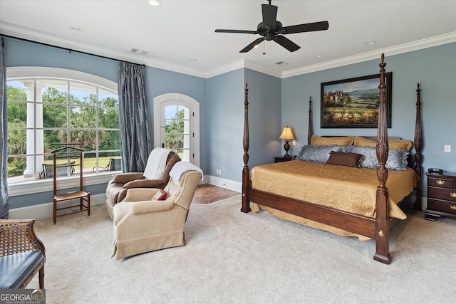 19410 Ga Highway 169, Claxton, GA 30417 - bedroom with baseboards, carpet, ornamental molding, and a ceiling fan