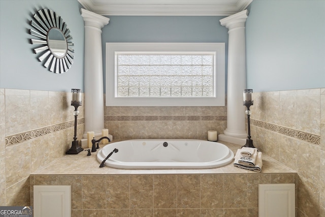 19410 Ga Highway 169, Claxton, GA 30417 - bathroom featuring ornate columns, a garden tub, and ornamental molding