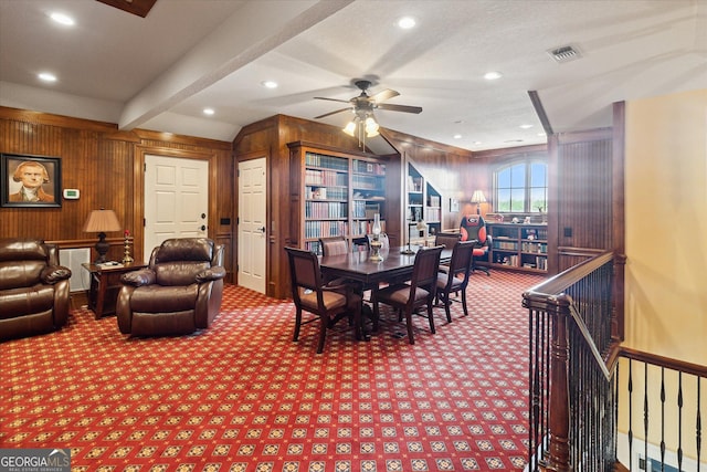 19410 Ga Highway 169, Claxton, GA 30417 - carpeted dining room featuring wood walls, ceiling fan, and recessed lighting
