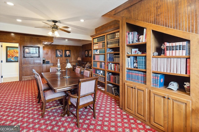 19410 Ga Highway 169, Claxton, GA 30417 - dining room featuring wood walls, ceiling fan, recessed lighting, and carpet floors