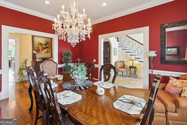 19410 Ga Highway 169, Claxton, GA 30417 - dining room featuring crown molding, stairway, recessed lighting, baseboards, and a chandelier