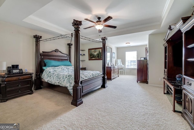 110 Bluegrass Cir, Guyton, GA 31312 - bedroom with light colored carpet, crown molding, baseboards, a tray ceiling, and a ceiling fan