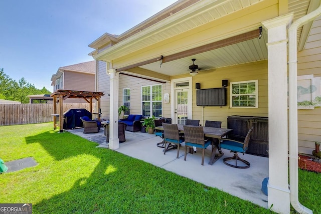 110 Bluegrass Cir, Guyton, GA 31312 - view of patio / terrace featuring a pergola, ceiling fan, grilling area, and central AC unit