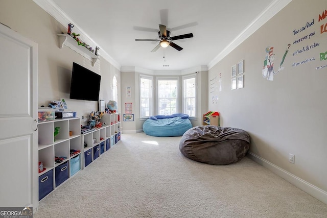 110 Bluegrass Cir, Guyton, GA 31312 - game room with crown molding, a ceiling fan, carpet flooring, and baseboards