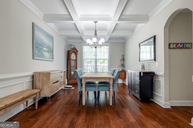 110 Bluegrass Cir, Guyton, GA 31312 - dining room with a chandelier, beamed ceiling, dark wood-style floors, arched walkways, and plenty of natural light