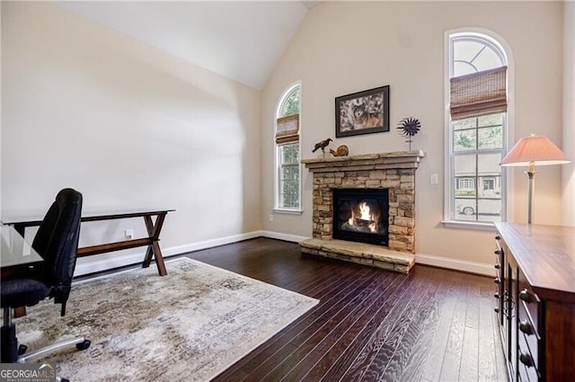 468 Scott Farm Dr, Powder Springs, GA 30127 - office featuring dark wood-type flooring, a fireplace, baseboards, and high vaulted ceiling