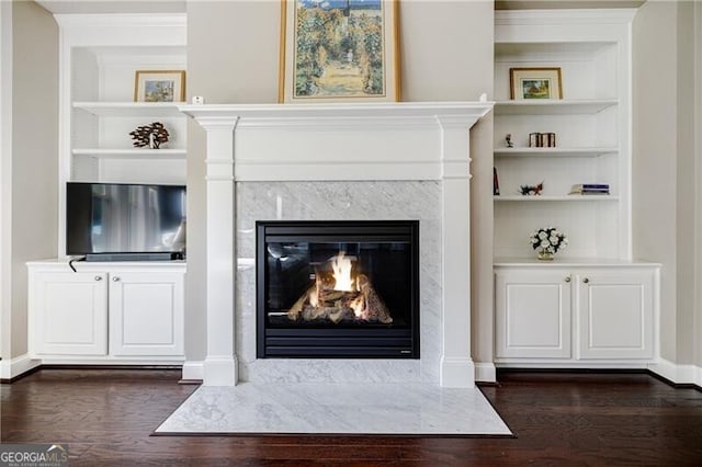 468 Scott Farm Dr, Powder Springs, GA 30127 - detailed view of wood finished floors, built in shelves, a premium fireplace, and baseboards