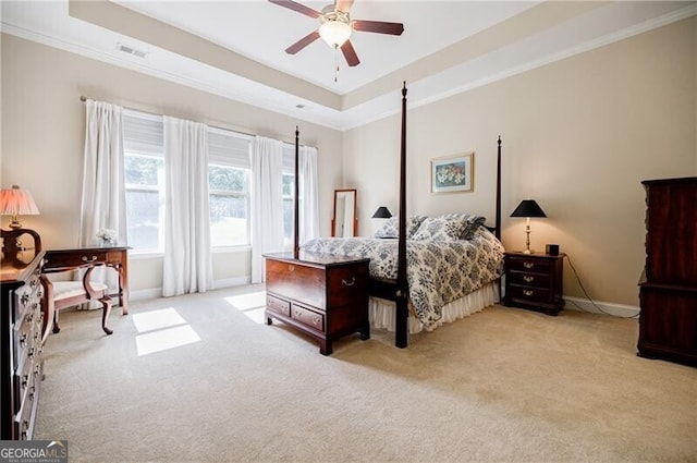 468 Scott Farm Dr, Powder Springs, GA 30127 - bedroom featuring light colored carpet, ornamental molding, baseboards, a tray ceiling, and ceiling fan