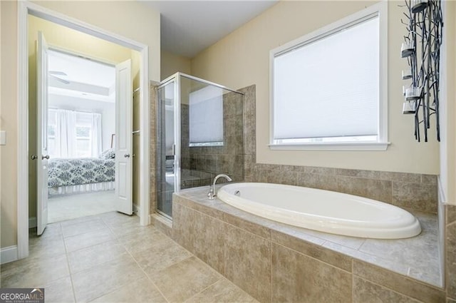 468 Scott Farm Dr, Powder Springs, GA 30127 - full bathroom featuring connected bathroom, a shower stall, a bath, and tile patterned flooring