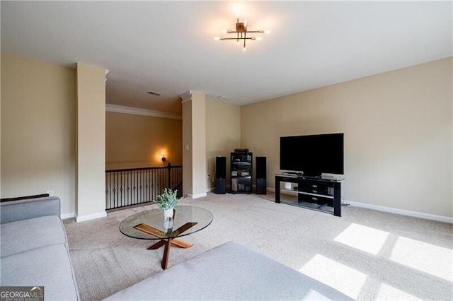 468 Scott Farm Dr, Powder Springs, GA 30127 - living room with carpet floors, baseboards, and ornamental molding