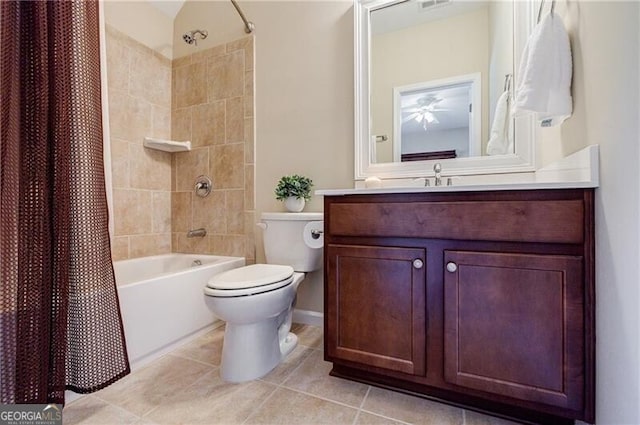 468 Scott Farm Dr, Powder Springs, GA 30127 - full bath with tile patterned flooring, toilet, vanity, shower / tub combo with curtain, and ceiling fan