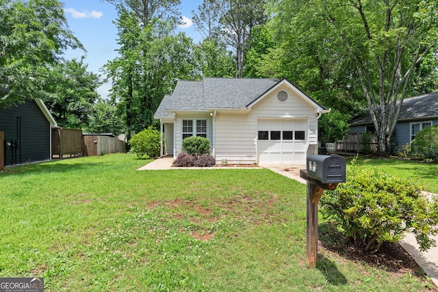 view of front facade with an attached garage, concrete driveway, a shingled roof, and an outdoor structure