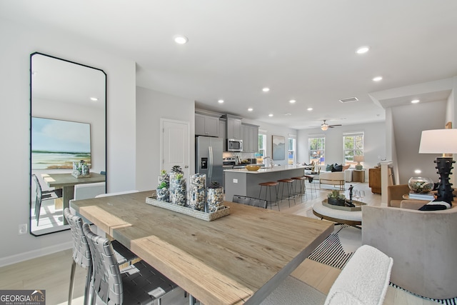 3142 Washburn St, Atlanta, GA 30354 - dining area with recessed lighting, light wood finished floors, a ceiling fan, and baseboards