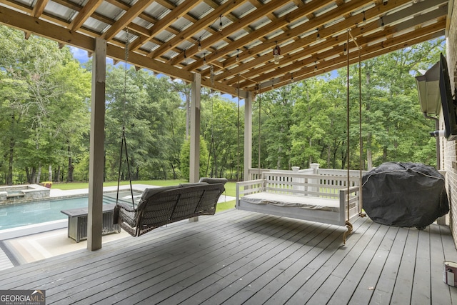 106 Chase Ln, Forsyth, GA 31029 - deck featuring an outdoor pool, grilling area, view of wooded area, and an in-ground hot tub