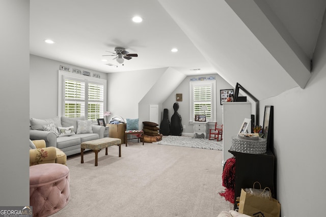 106 Chase Ln, Forsyth, GA 31029 - carpeted living room with ceiling fan, recessed lighting, and vaulted ceiling