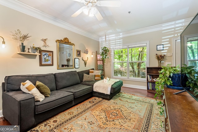 living room featuring ceiling fan, crown molding, wood finished floors, plenty of natural light, and baseboards