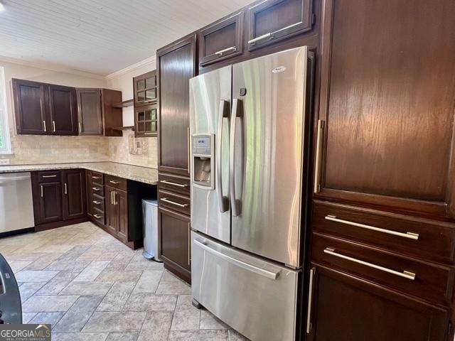 617 Smith St S, Bremen, GA 30110 - kitchen featuring stainless steel appliances, open shelves, light stone finish flooring, backsplash, and dark brown cabinets