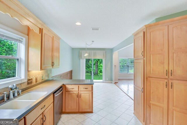 175 Palmera Ln, Brunswick, GA 31525 - kitchen featuring light brown cabinets, a sink, dishwasher, light tile patterned floors, and recessed lighting