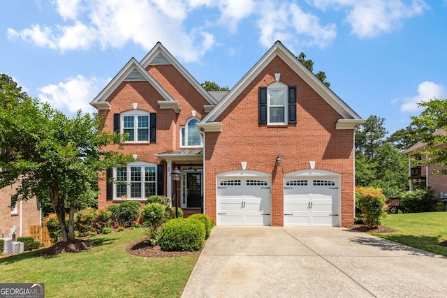 210 Wentworth Ter, Alpharetta, GA 30022 - traditional home with a garage, brick siding, concrete driveway, and a front yard