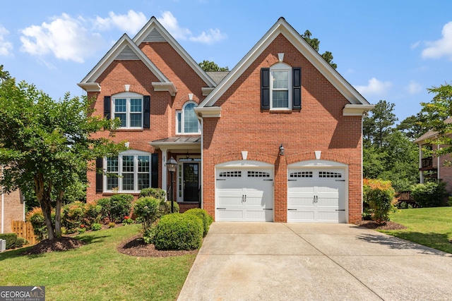210 Wentworth Ter, Alpharetta, GA 30022 - traditional home with brick siding, an attached garage, driveway, and a front yard