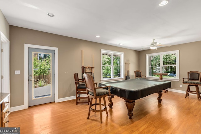 210 Wentworth Ter, Alpharetta, GA 30022 - recreation room with light wood finished floors, baseboards, billiards table, recessed lighting, and a ceiling fan