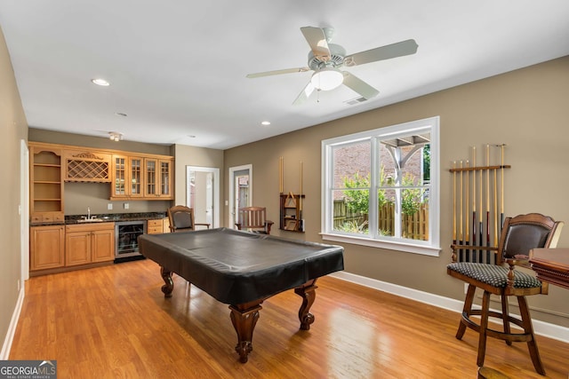 210 Wentworth Ter, Alpharetta, GA 30022 - game room featuring wine cooler, bar area, baseboards, light wood-style flooring, and recessed lighting