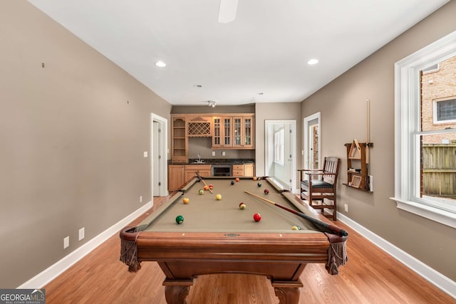 210 Wentworth Ter, Alpharetta, GA 30022 - rec room featuring bar with sink, beverage cooler, billiards, light wood-style flooring, and recessed lighting