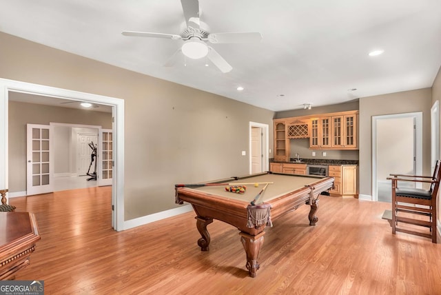 210 Wentworth Ter, Alpharetta, GA 30022 - rec room with wet bar, baseboards, a ceiling fan, light wood-style floors, and billiards