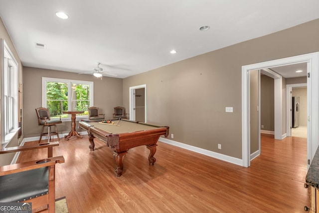 210 Wentworth Ter, Alpharetta, GA 30022 - recreation room featuring a ceiling fan, light wood finished floors, billiards, recessed lighting, and baseboards