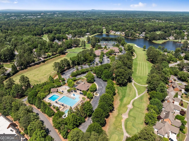 210 Wentworth Ter, Alpharetta, GA 30022 - drone / aerial view of a large body of water, a golf club, a heavily wooded area, and a pool