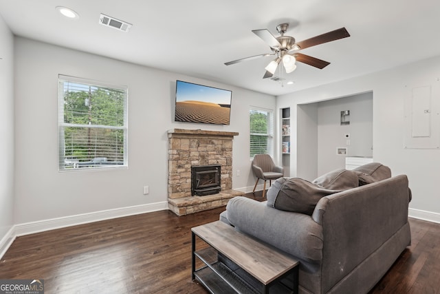 1605 Wellswood Dr SE, Atlanta, GA 30315 - living room with baseboards, ceiling fan, dark wood-style floors, a fireplace, and recessed lighting